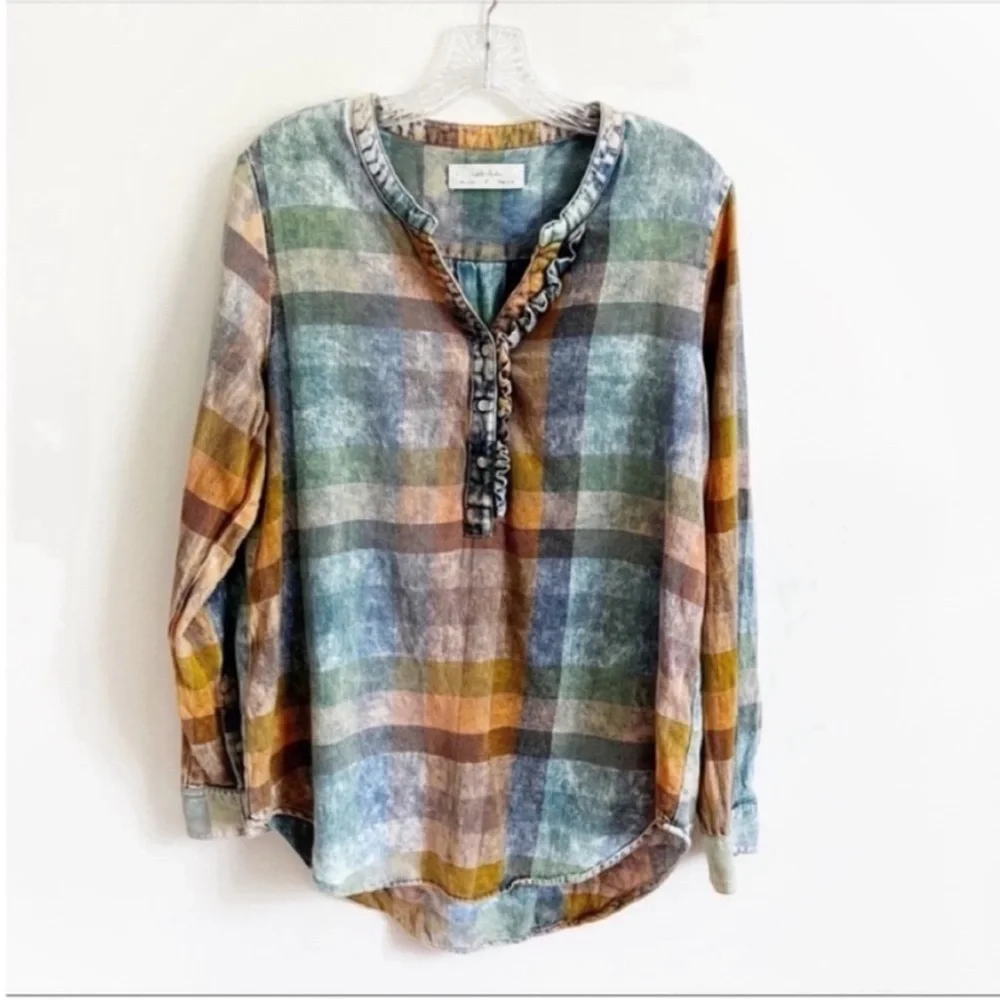 Anthropologie Isabella Sinclair Ruffled Plaid Henley shirt blue orange popover - Picture 2 of 11
